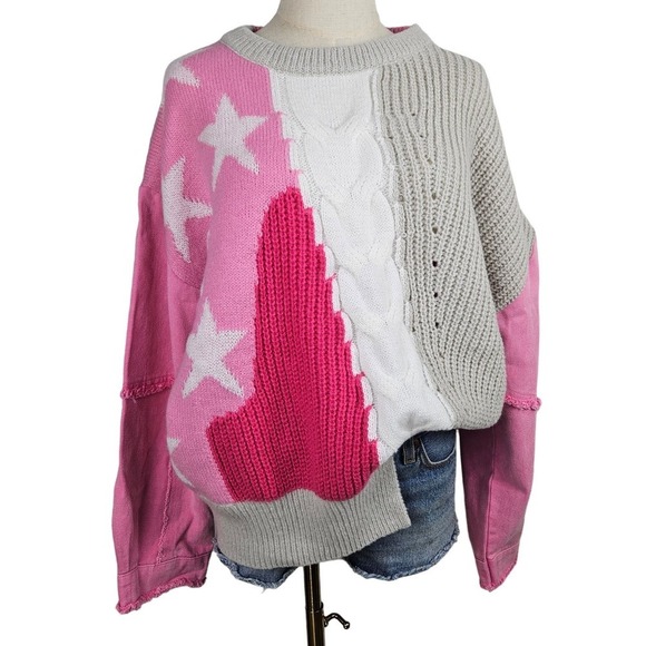 Blue Buttercup Mixed Material Top‎ Sweater Denim M Pink White Taupe Stars - Picture 1 of 9